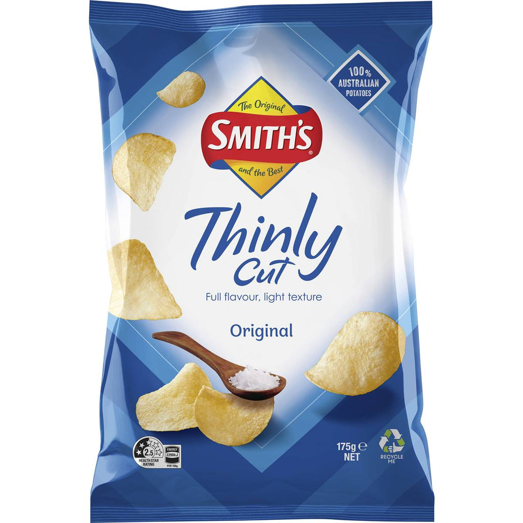 Smith's 薄切原味洋芋片正面包裝，175克袋裝，澳洲進口