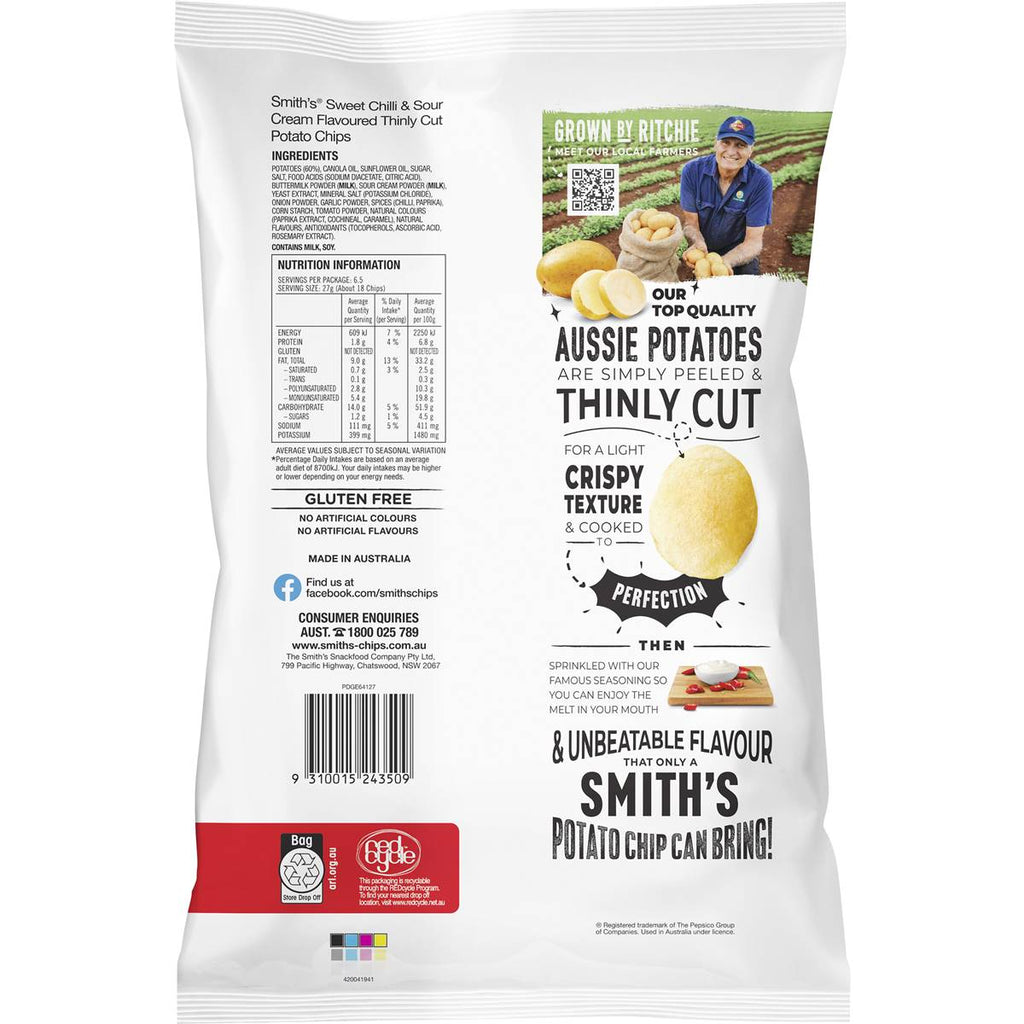 Smith's 洋芋片甜辣優格口味背面營養與成分標示