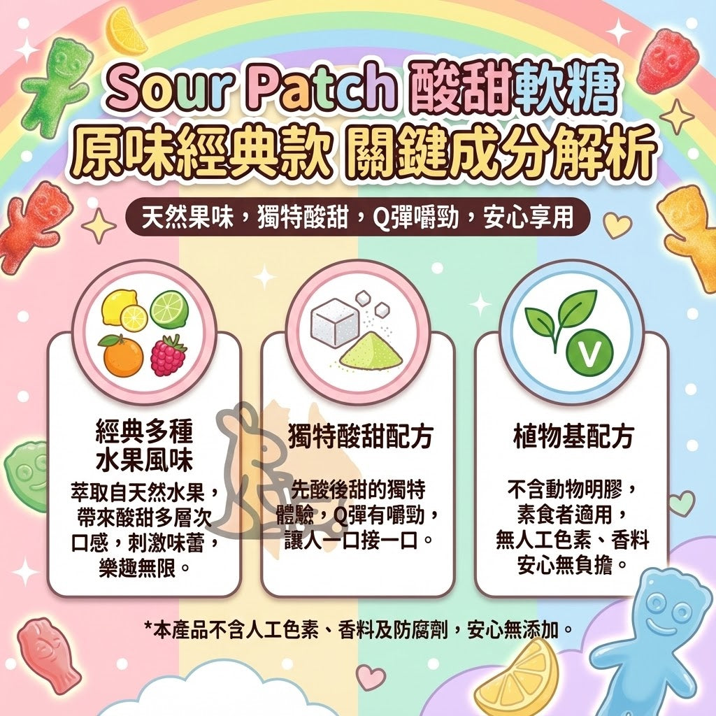 Sour Patch 成分解析 - 天然水果萃取、獨特酸甜粉與無動物明膠