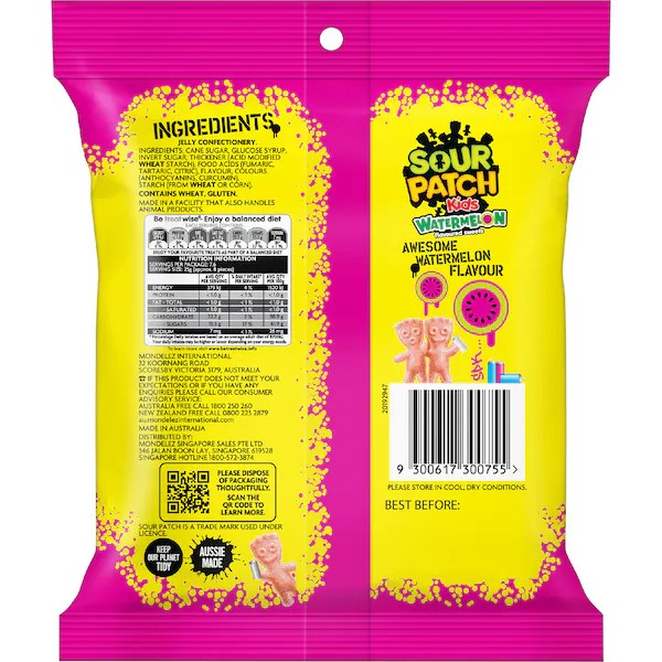 Sour Patch 酸甜軟糖西瓜口味背面包裝與成分標示