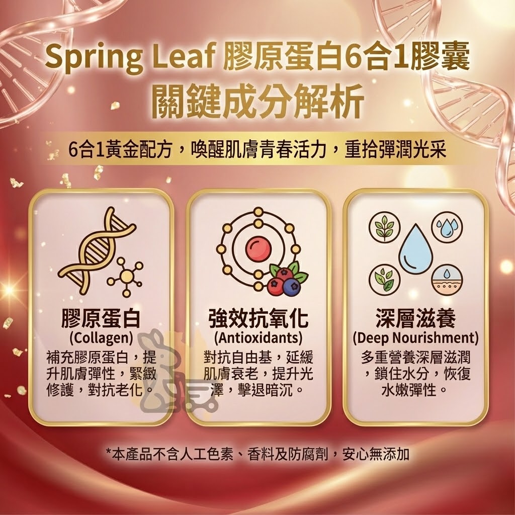 Spring Leaf 美顏膠囊成分 - 海洋膠原、葡萄籽油、月見草油與鋅矽