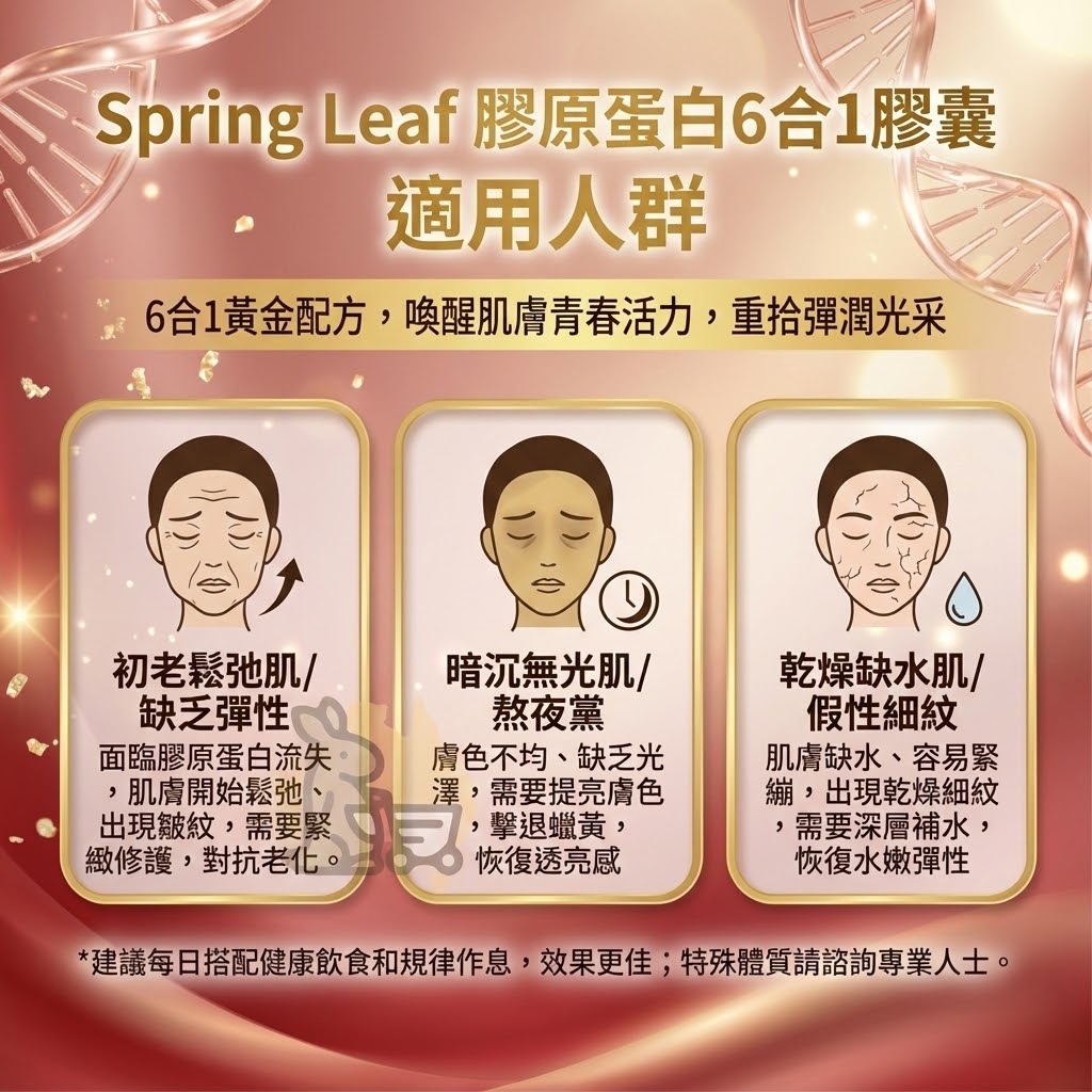 Spring Leaf 膠原蛋白適用人群 - 初老鬆弛、暗沉無光與乾燥缺水肌膚