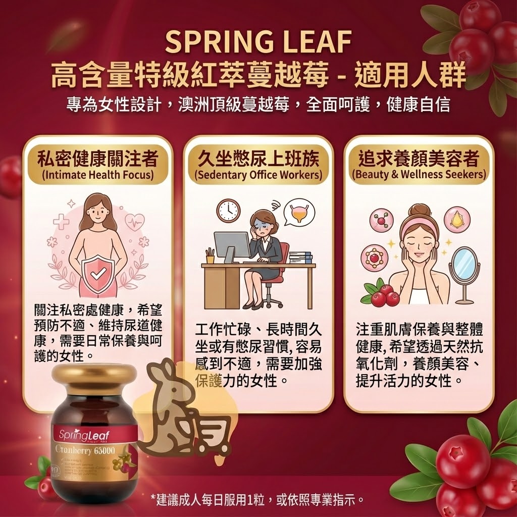 Spring Leaf 蔓越莓適用人群 - 私密健康關注者、久坐上班族與養顏美容女性