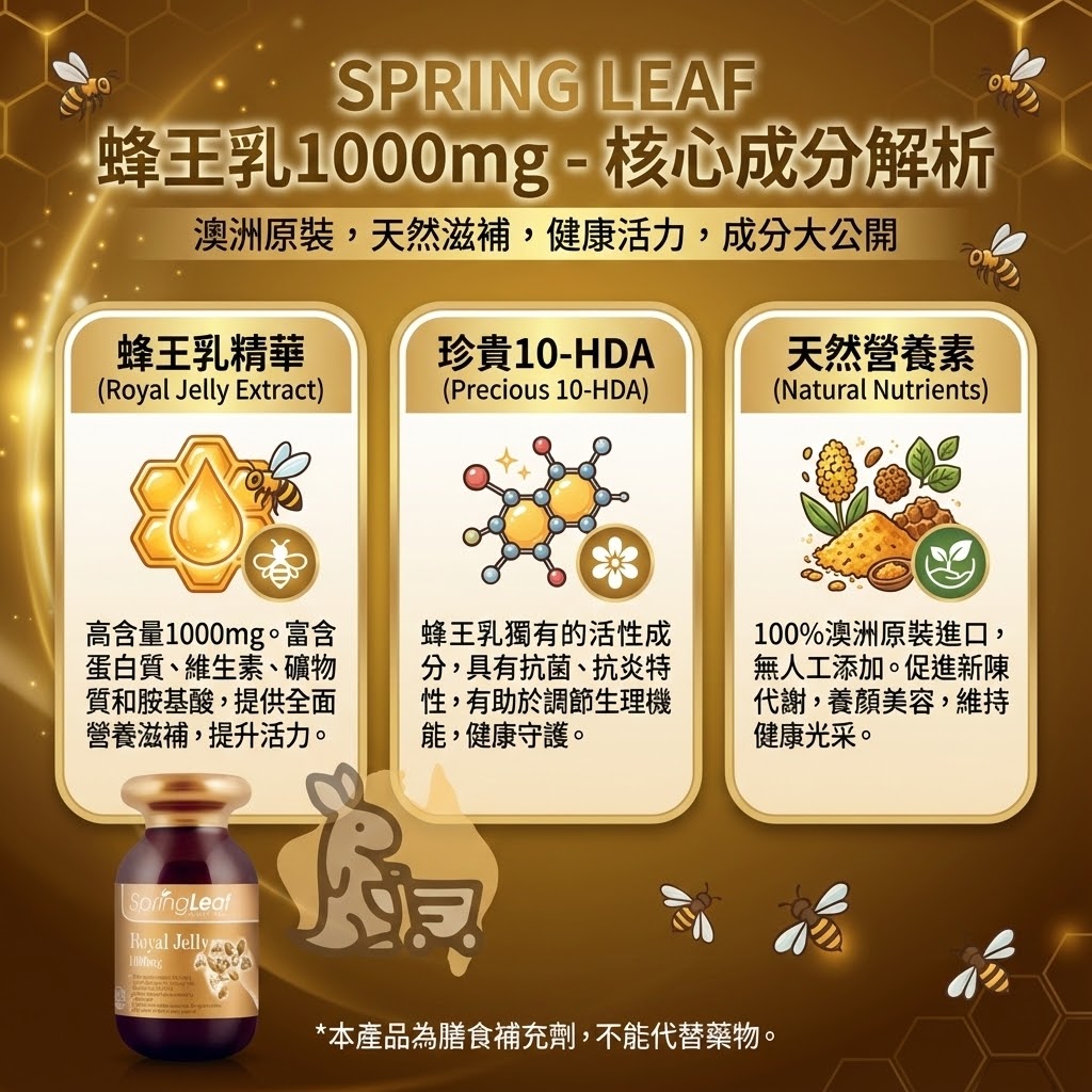 Spring Leaf 蜂王乳成分解析 - 蜂王乳精華、活性成分10-HDA與天然營養素