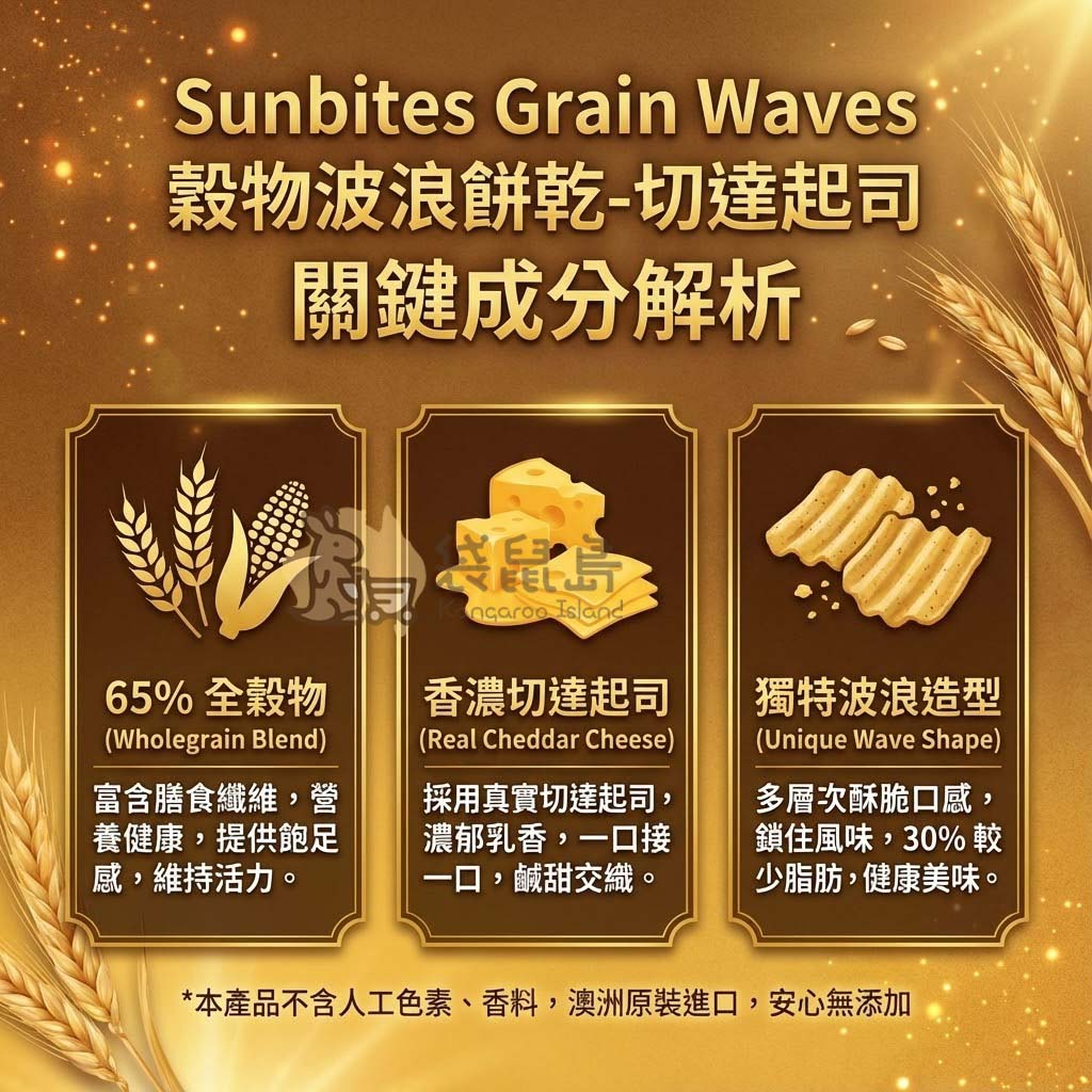 Sunbites 切達起司口味成分解析 - 採用真實切達起司，搭配獨特波浪造型與全穀物，口感酥脆且減少30%脂肪。
