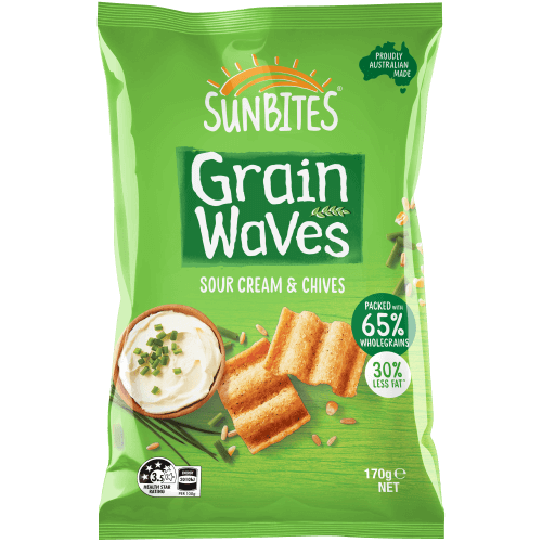澳洲 Sunbites Grain Waves 穀物波浪餅乾 170g 蒜香優格口味 (Sour Cream & Chives) - 65% 全穀物製造，含膳食纖維且減少30%脂肪。