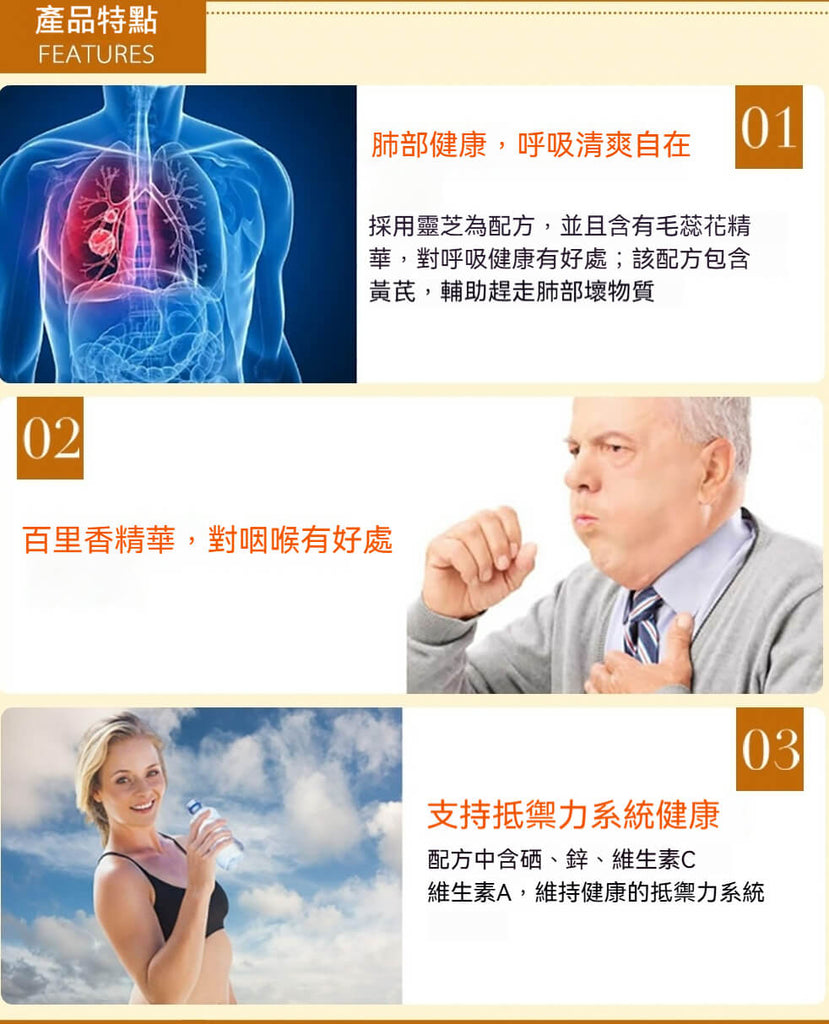 Swisse 清肺片功效包含潤肺、化痰、舒緩咳嗽、提升免疫力，維護呼吸與肺部機能