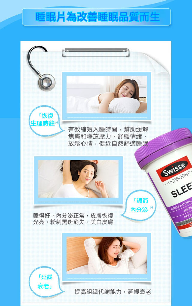 Swisse 睡眠片可調節內分泌、促進生理時鐘與皮膚修復，延緩老化、改善睡眠品質