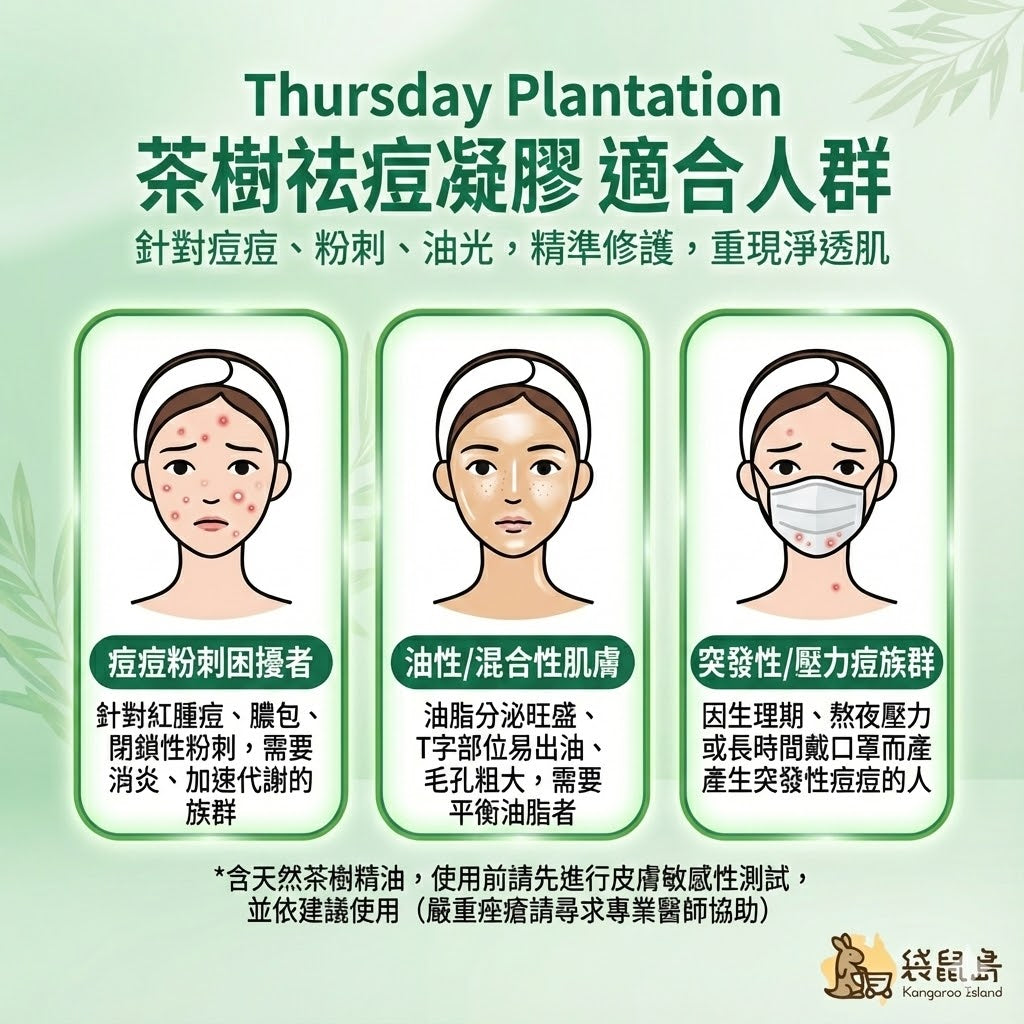 星期四農莊茶樹凝膠適用人群：針對紅腫痘痘、粉刺、油性及混合性肌膚調理