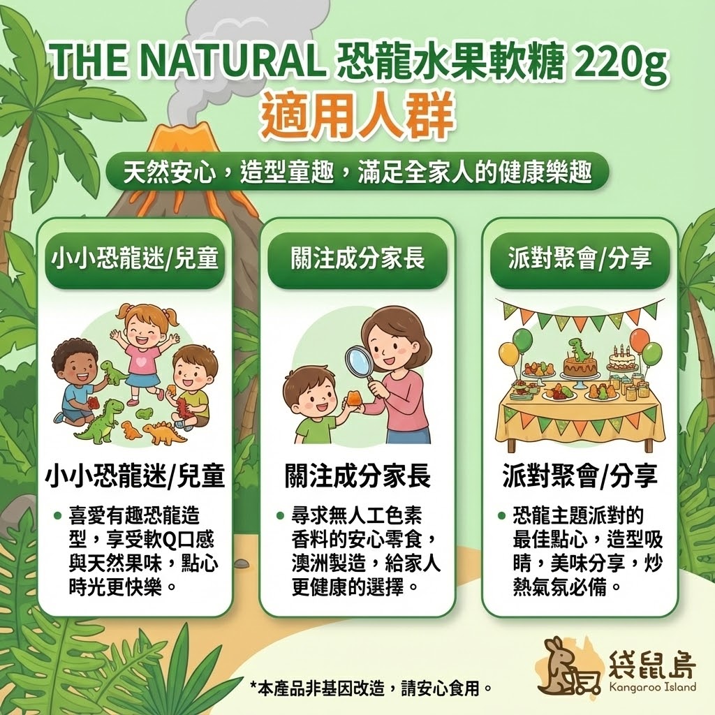The Natural 恐龍軟糖適用人群 - 小小恐龍迷、成分關注家長與派對分享