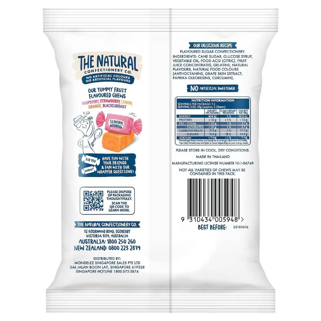 The Natural 經典水果軟糖 180g 背面包裝與成分、營養資訊標示