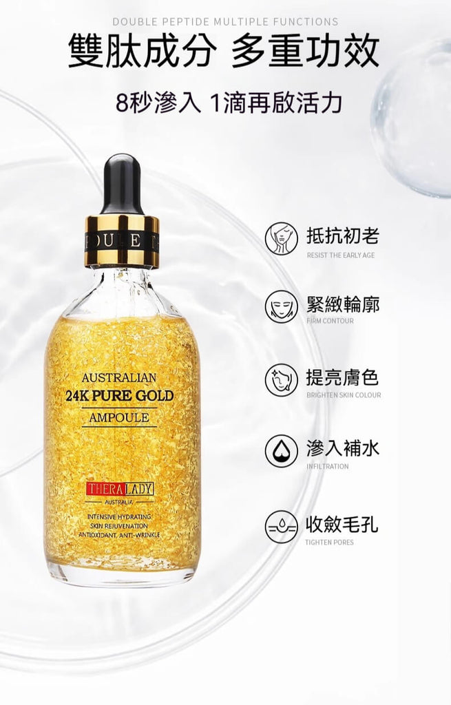 Thera Lady黃金精華液大金瓶多效功效圖示，含抗老、緊緻、補水與亮膚作用