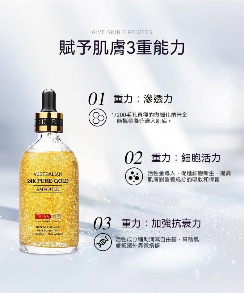 Thera Lady 24K黃金精華液大金瓶滲透肌底、活化細胞與抗氧三大功效介紹