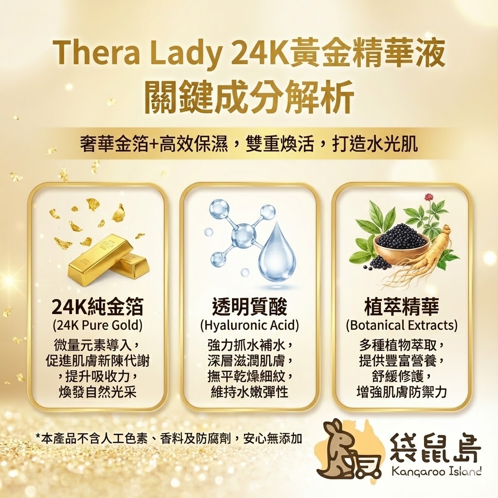 Thera Lady 黃金精華成分：24K純金箔導入、透明質酸強力補水、植萃舒緩修護