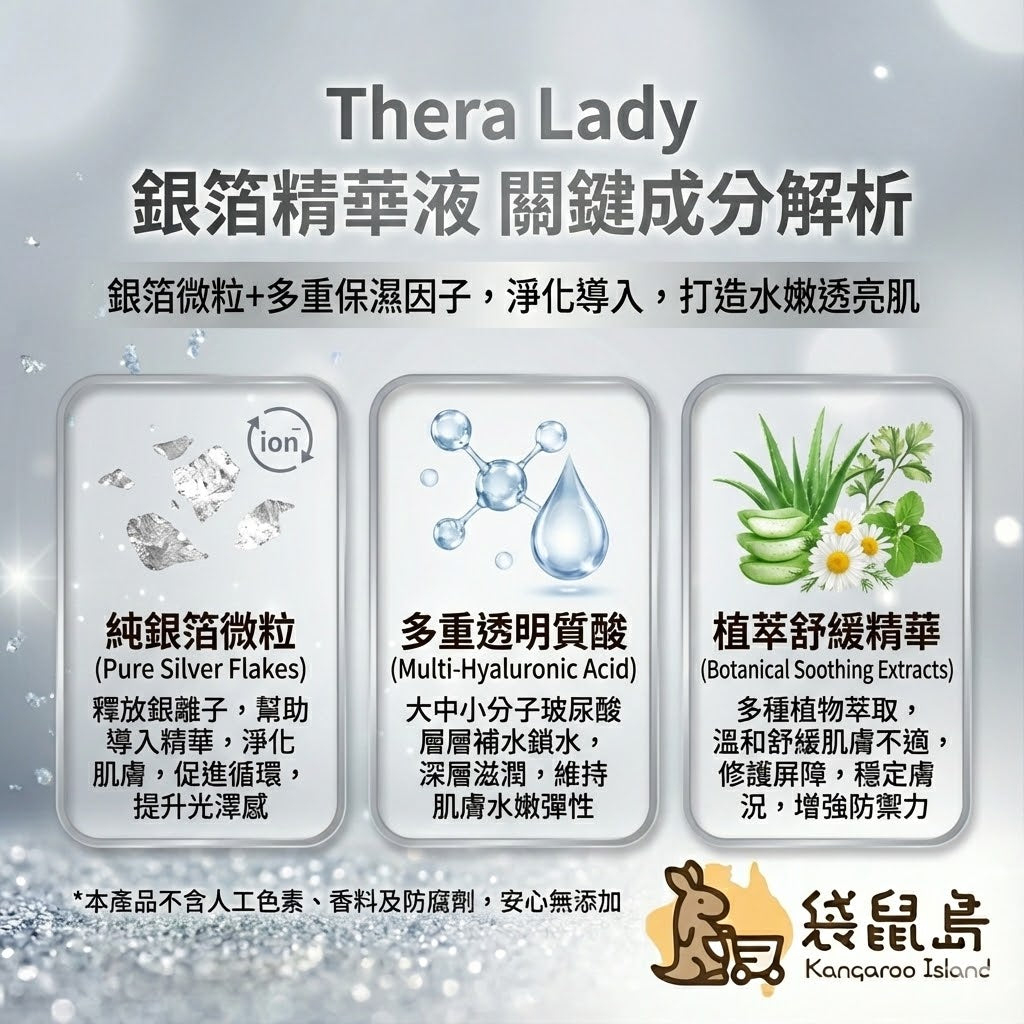 Thera Lady 銀箔精華成分：純銀箔微粒釋放銀離子，多重玻尿酸保濕，植萃舒緩修護