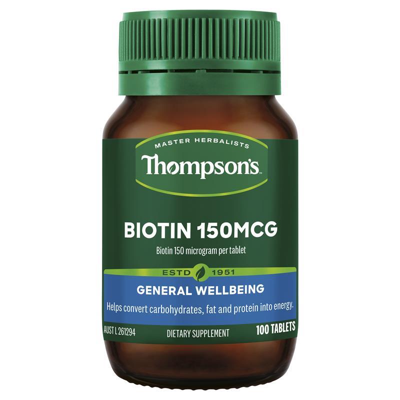 Thompson's 生物素 150mcg 100粒瓶裝正面圖，維持能量代謝與健康髮膚指甲的營養補充品