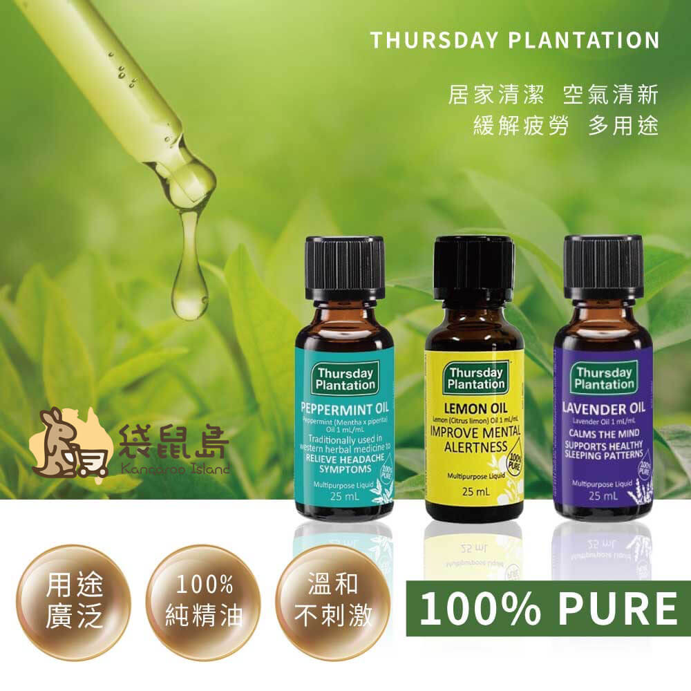 Thursday Plantation精油系列展示，含檸檬、薄荷與薰衣草精油瓶裝產品