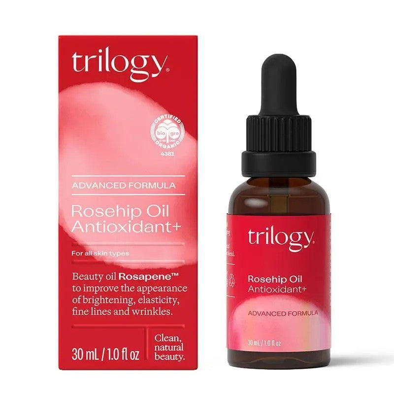 Trilogy 進階抗氧玫瑰果油 30mL 正面盒裝與玻璃瓶展示圖