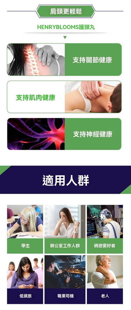 Henry Blooms 護頸丸支持關節、肌肉與神經健康，適用人群示意。