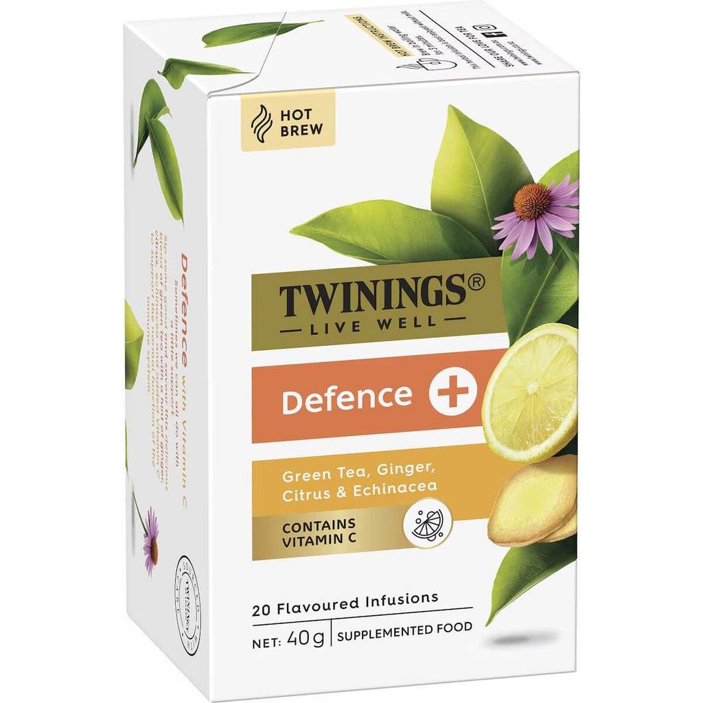 Twinings 加強抵抗力茶 Defence+ 正面包裝，主打維他命C與紫錐菊配方