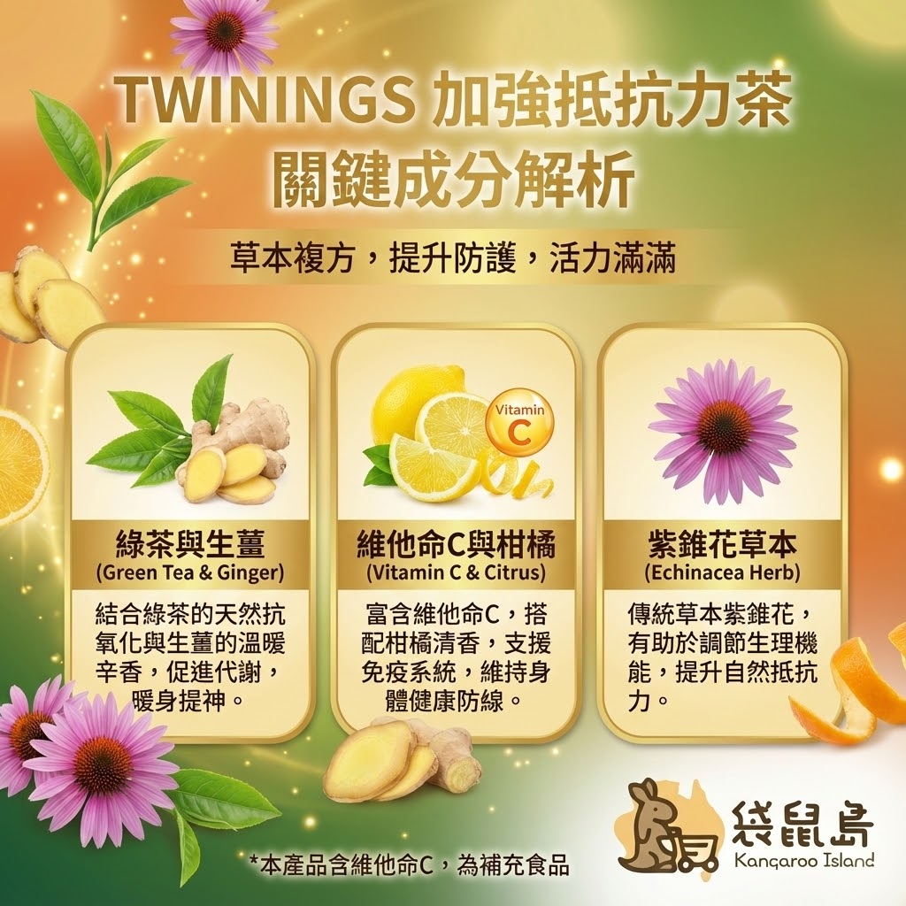 Twinings Defence+ 成分解析 - 綠茶生薑、維他命C柑橘與紫錐花草本