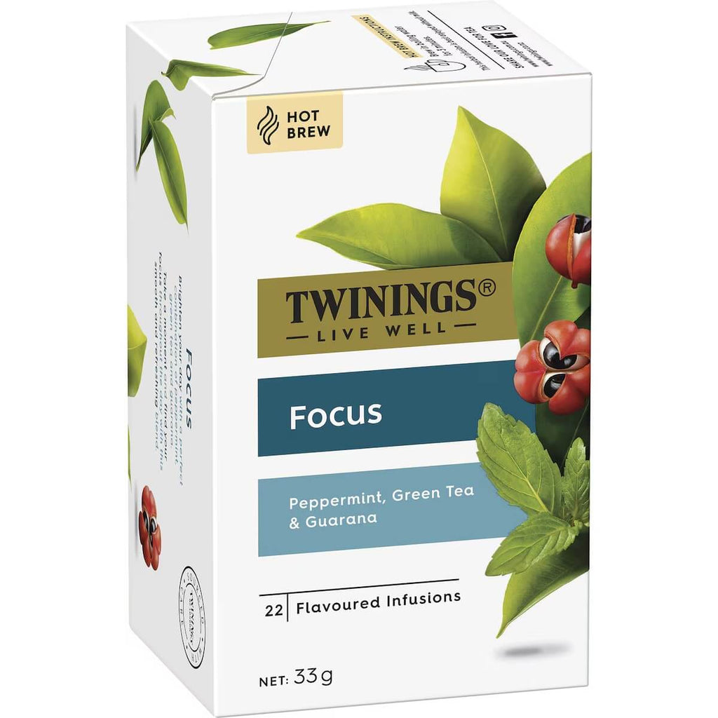 Twinings Focus 專注茶正面包裝，含瓜拿納、薄荷與綠茶設計圖