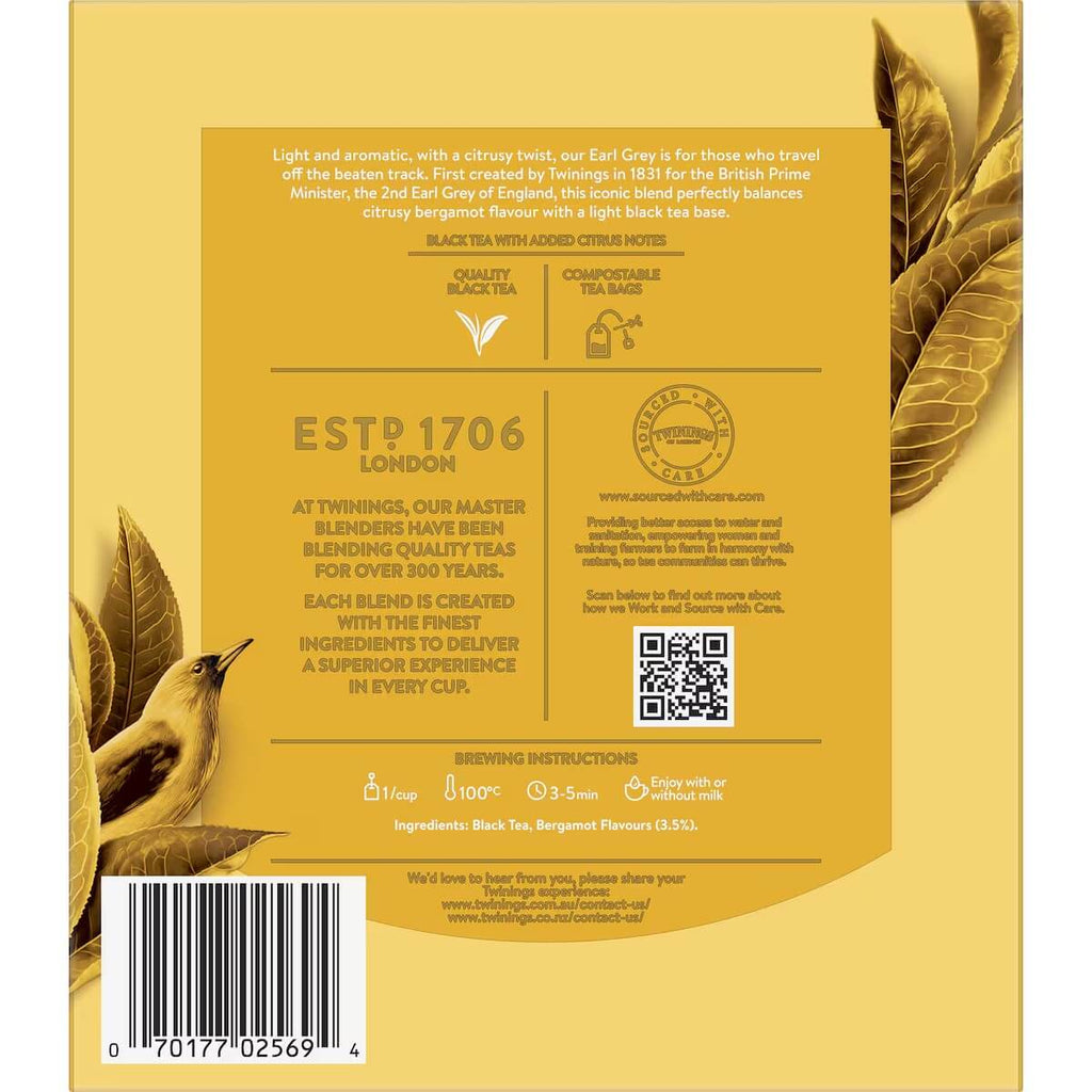 Twinings 皇家伯爵茶背面成分與沖泡說明圖，含佛手柑香料