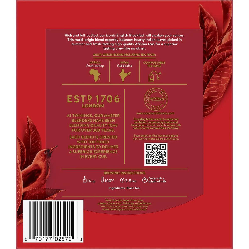 Twinings 英倫早餐茶 100包裝商品背面圖，標示茶葉來源與沖泡方式
