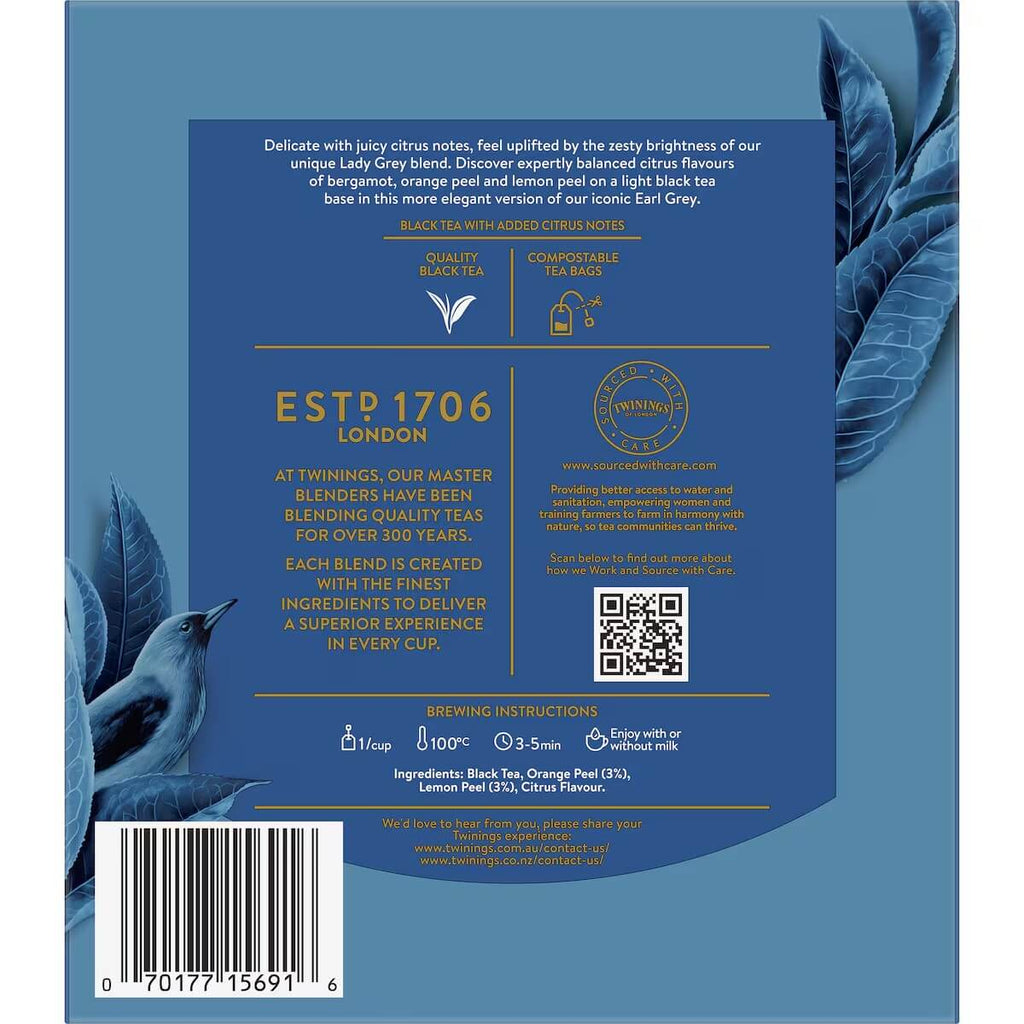 Twinings Lady Grey 背面包裝與成分標示｜含佛手柑與柑橘果皮