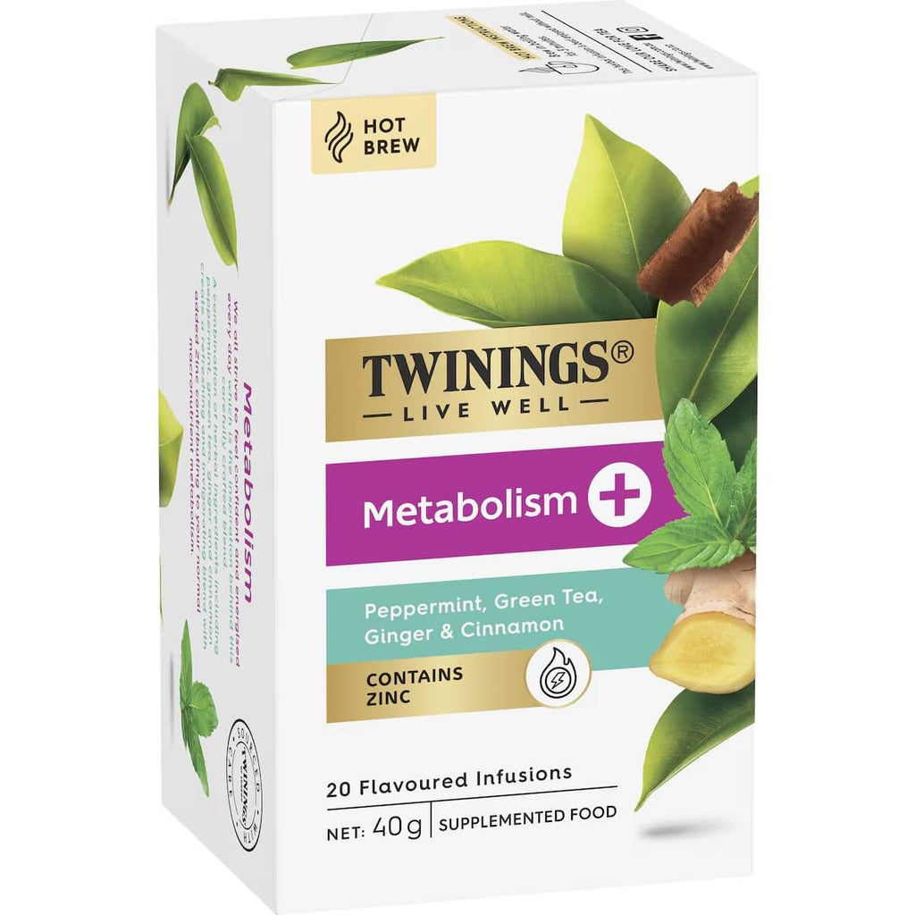Twinings Metabolism+ 代謝花果茶外盒正面，強調綠茶薄荷與鋅成分