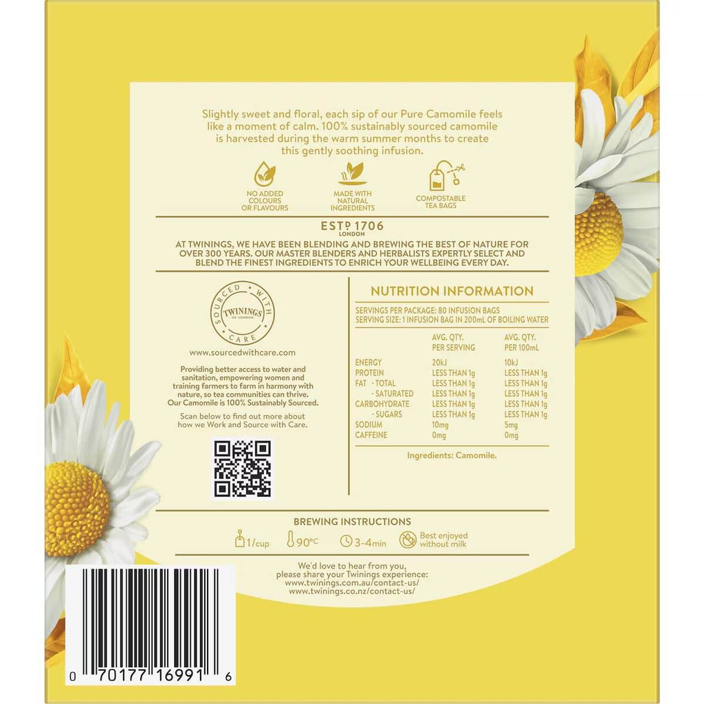 Twinings 洋甘菊茶成分與營養標示，說明100%洋甘菊與泡法建議。