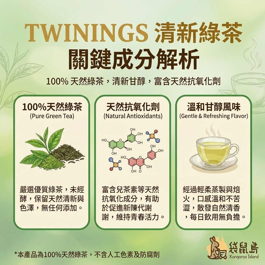 Twinings 綠茶成分解析 - 100%天然綠茶、富含兒茶素與溫和甘醇風味