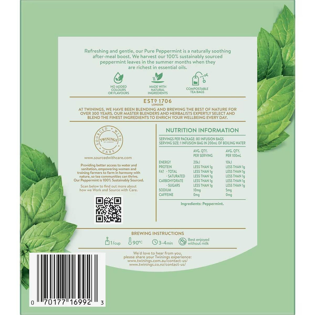 Twinings Pure Peppermint 背面營養標示與沖泡建議，100%天然薄荷葉配方