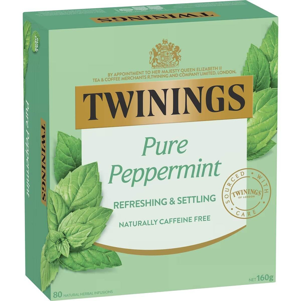 Twinings 沁心薄荷茶正面包裝，主打清新舒緩與無咖啡因配方