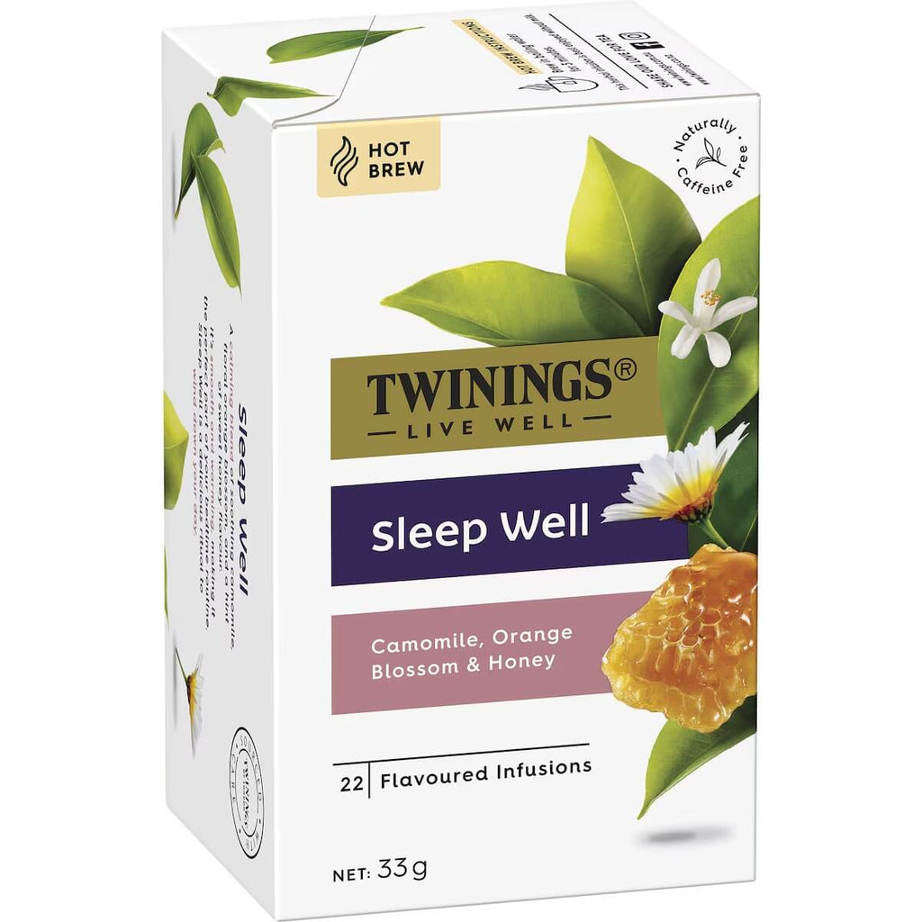 Twinings Sleep Well 好眠茶正面包裝，洋甘菊橙花蜂蜜配方助放鬆入眠
