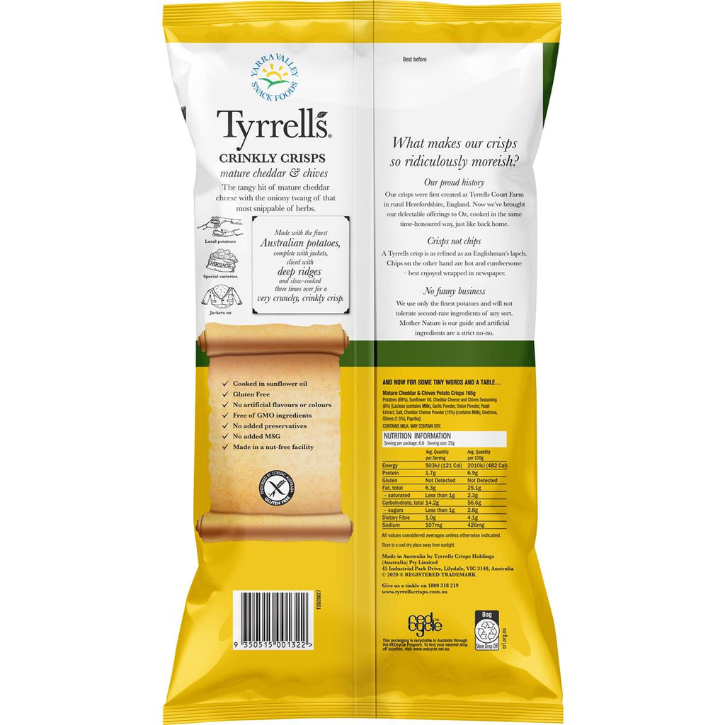 Tyrrell's切達起司香蔥洋芋片背面營養標示與說明