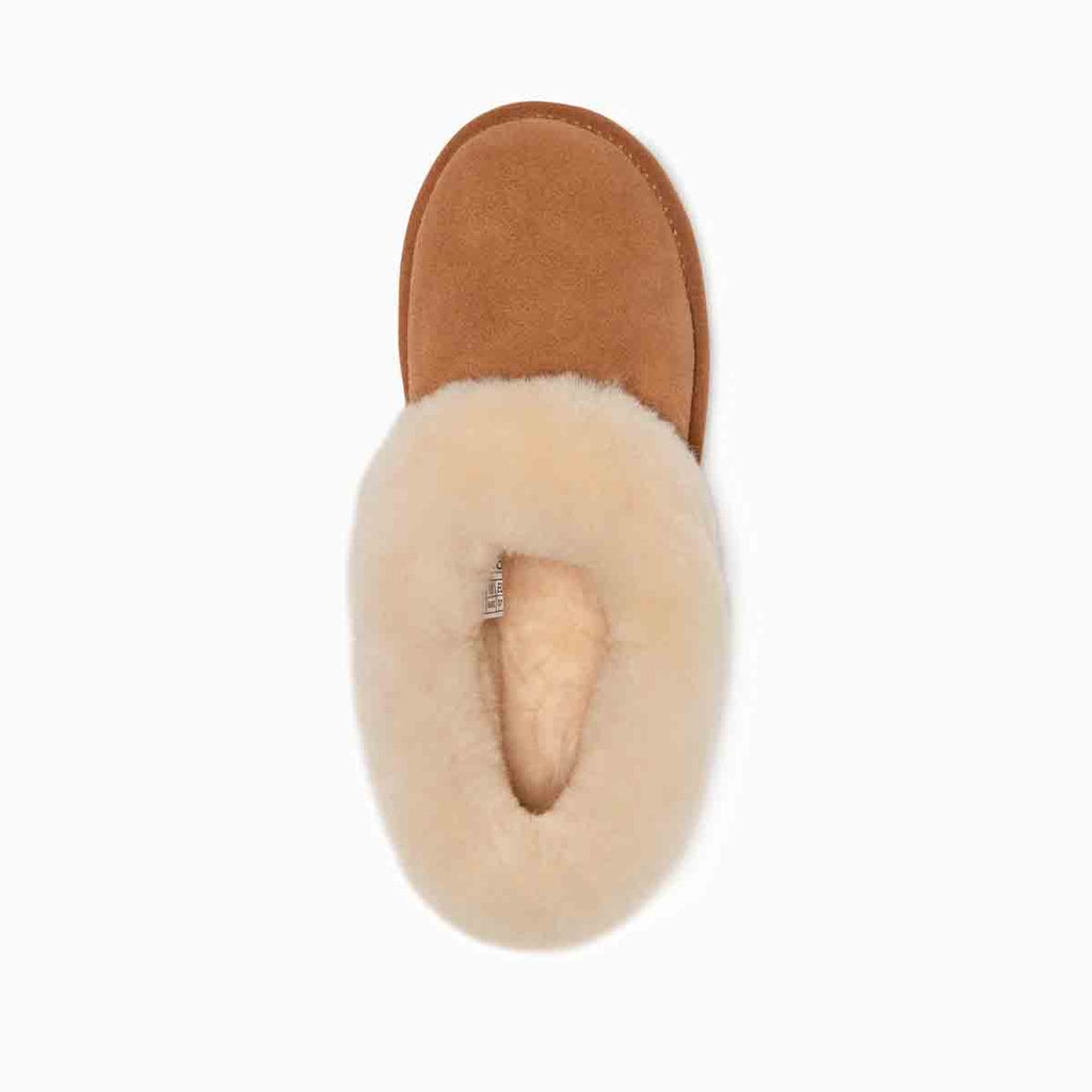 UGG Avery 栗色頂級羊皮家居雪靴上視圖，內裡天然羊毛溫暖包覆