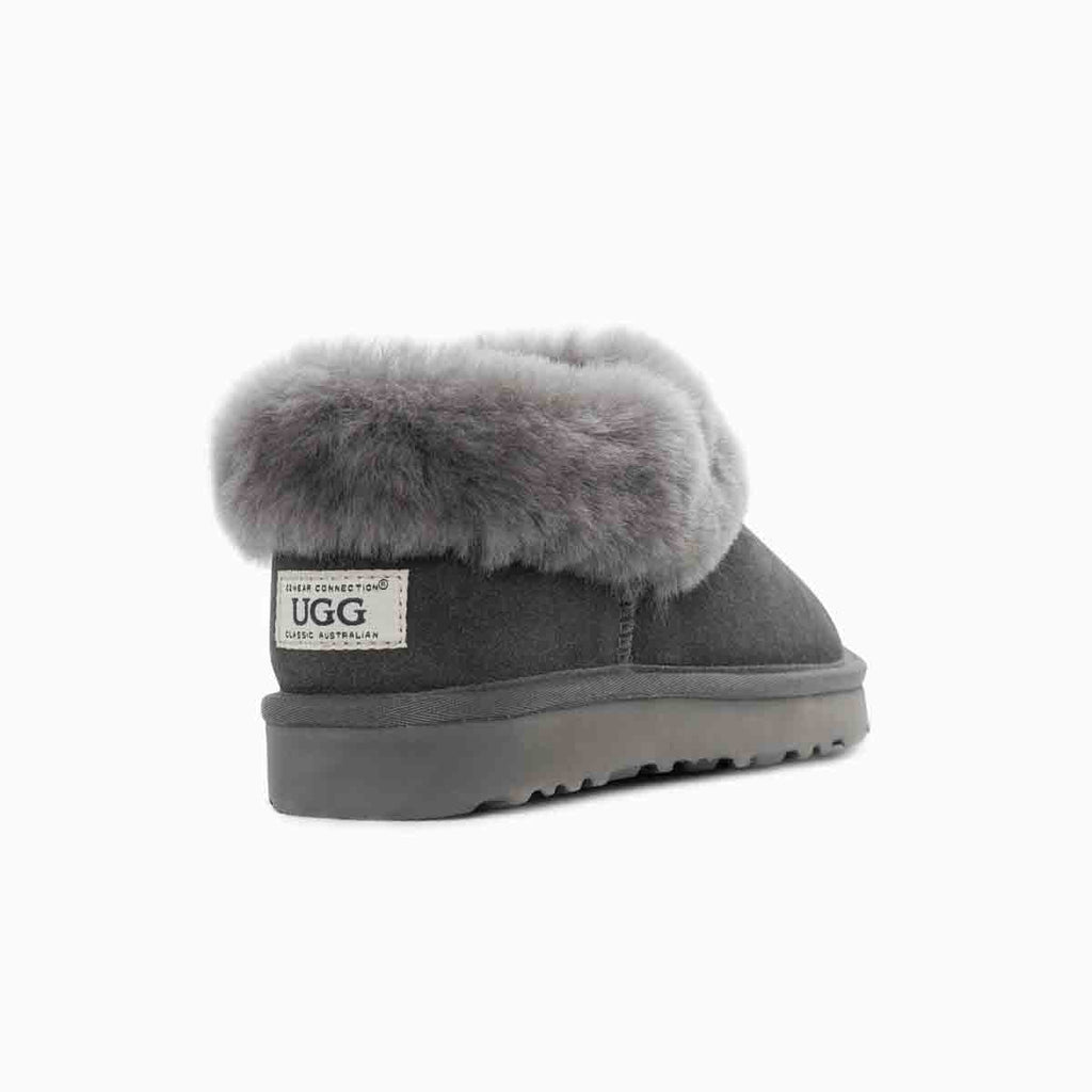 UGG Avery 灰色羊皮雪靴後跟圖，標誌縫標與厚底設計
