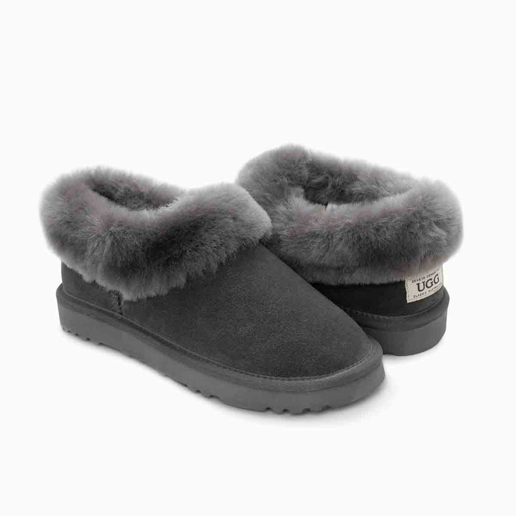 UGG Avery 灰色家居羊毛雪靴雙鞋展示，經典簡約造型