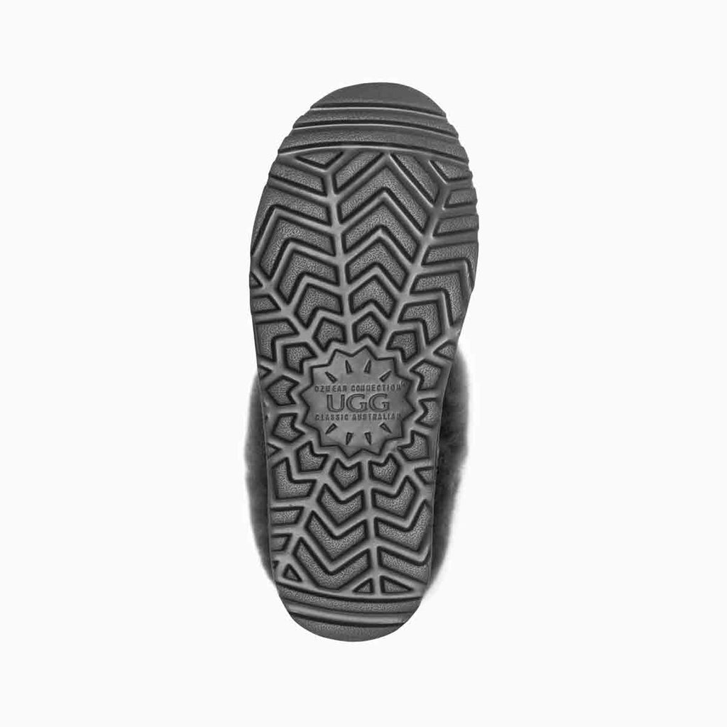 UGG Avery 灰色雪靴鞋底圖，防滑紋路與品牌浮雕清晰可見