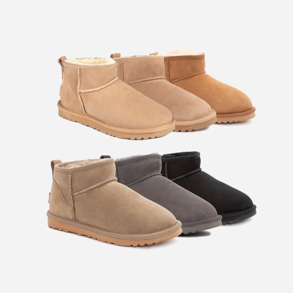 UGG Classic Ultra Mini 超迷你羊毛防水靴六色展示，含經典棕、黑、灰等多種顏色