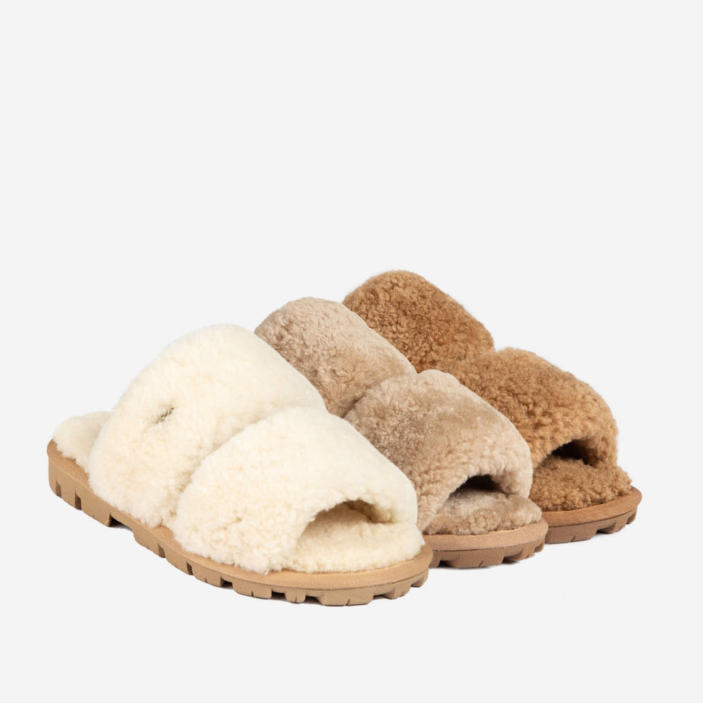 UGG Evelyn Curly Slide 室內拖鞋 OB792 三色展示圖，含奶油白、米駝色、焦糖棕，舒適羊毛材質與EVA鞋底