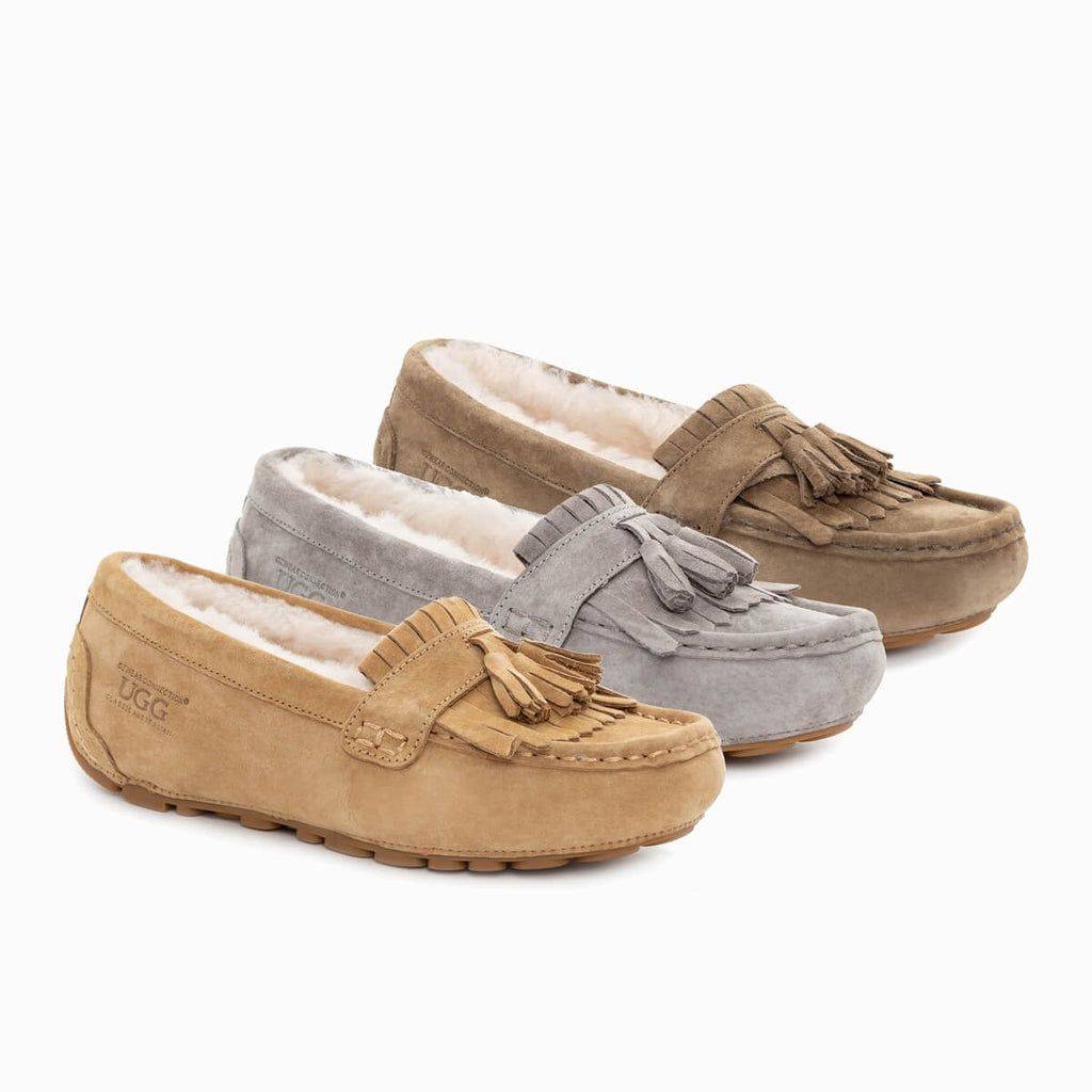 UGG Rylee 流蘇莫卡辛鞋三色展示圖，含內增高與羊皮內裡