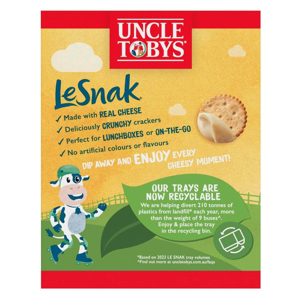 Uncle Tobys Le Snak 切達起司餅乾12入產品特色與可回收托盤說明圖