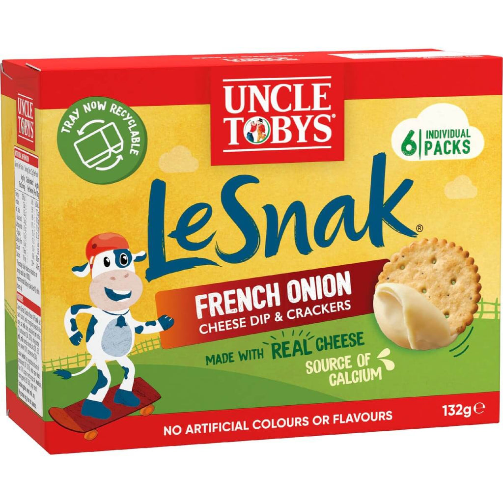 Uncle Tobys Le Snak 法式洋蔥起司餅乾外包裝正面圖示，顯示6入裝與起司餅乾圖案