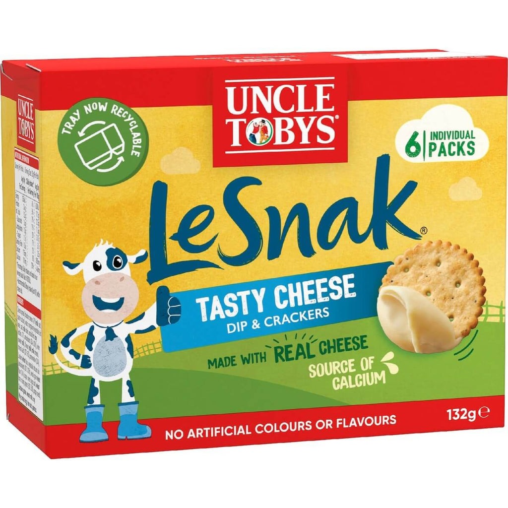 Uncle Tobys Le Snak 原味起司餅乾外盒包裝圖，顯示產品6入裝與起司餅乾圖示