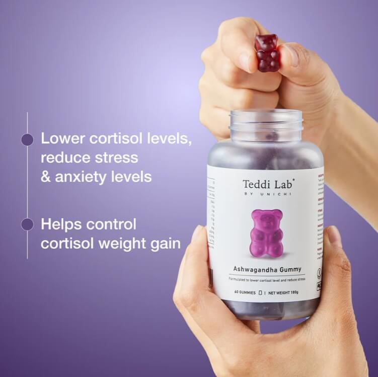 Unichi Teddi Lab南非醉茄小熊軟糖展示瓶身與手拿軟糖，強調降低壓力與焦慮、控制皮質醇體重
