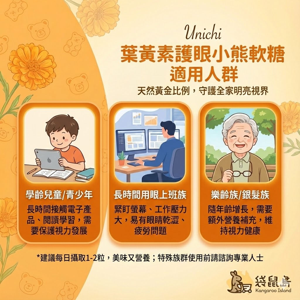 Unichi 葉黃素軟糖適用人群：兒童視力發展、上班族抗藍光、銀髮族眼睛保養