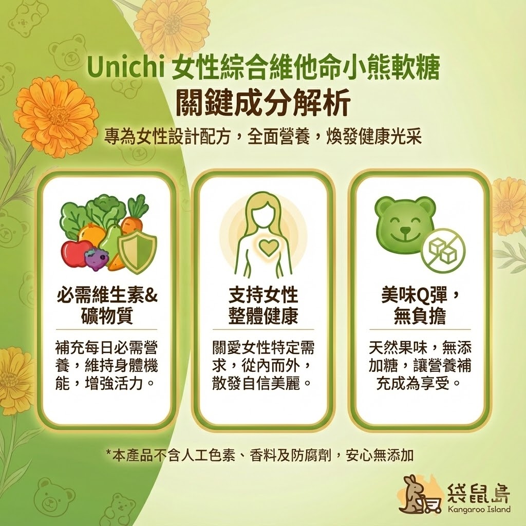 Unichi 女性綜合維他命關鍵成分：必需維生素礦物質，無糖配方