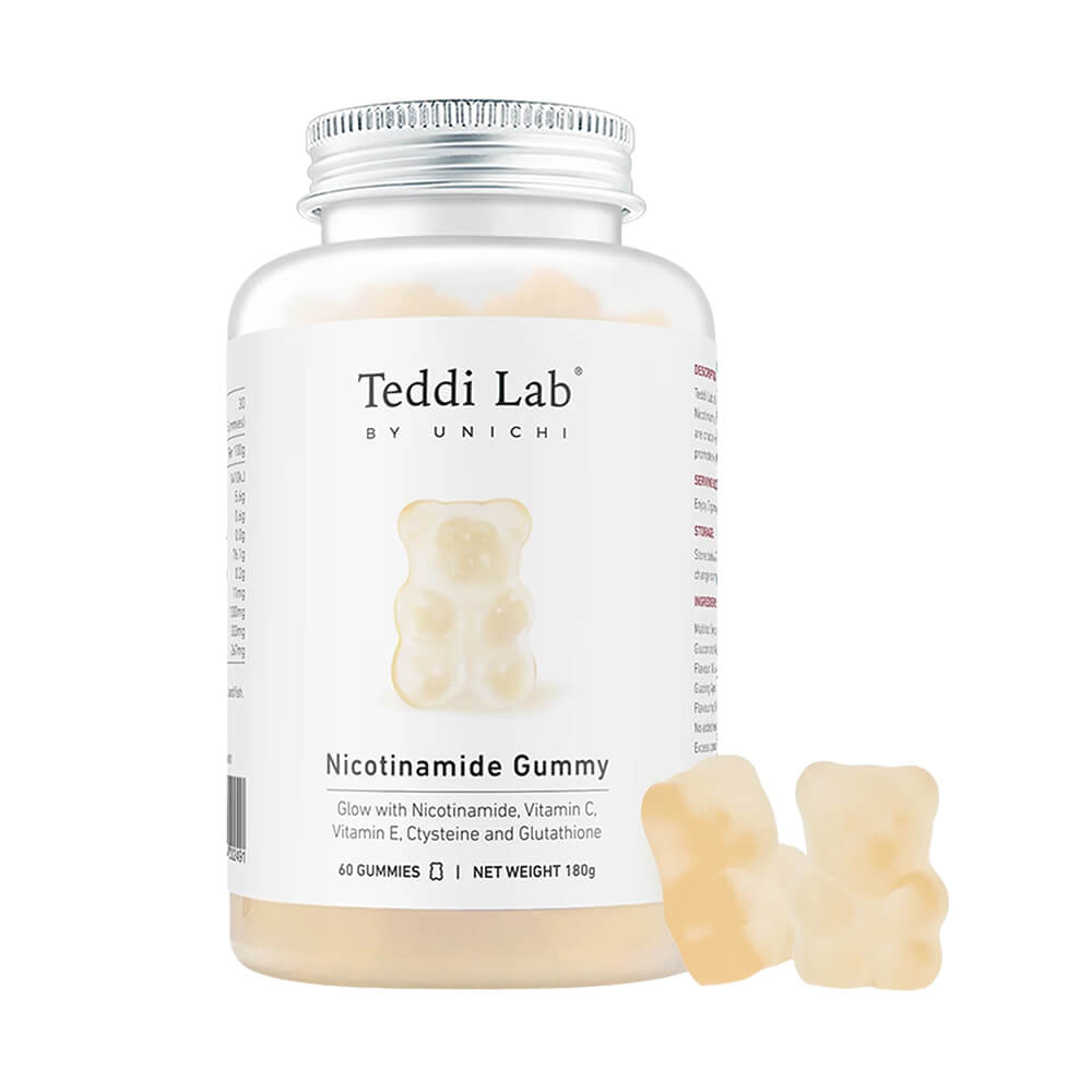 Unichi Teddi Lab 煙醯胺美白小熊軟糖 60粒瓶裝，白色小熊造型設計
